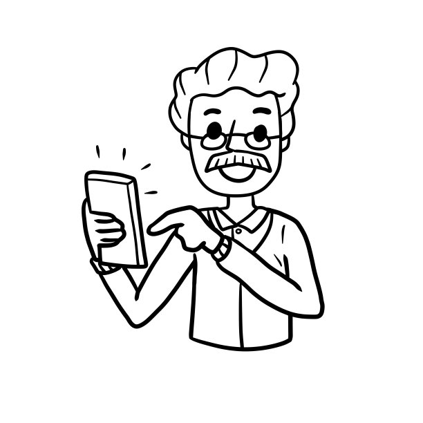有手机的老人。卡通手绘素描插图。图片下载