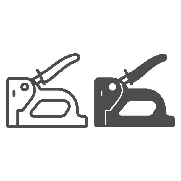 建筑用订书机线条和实心图标，建筑工具概念，白色背景上的建筑用钉枪矢量标志，移动概念和网页设计的轮廓样式图标。矢量图形。图片下载