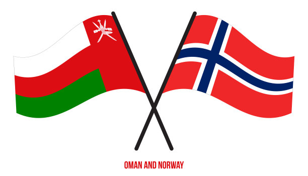 阿曼和挪威的旗帜交叉和平坦的飘扬风格。官方的比例。正确的颜色。图片下载