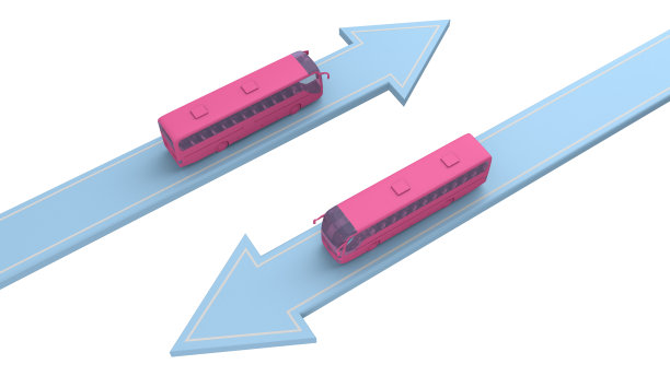 粉色的公共汽车往不同的方向开图片下载