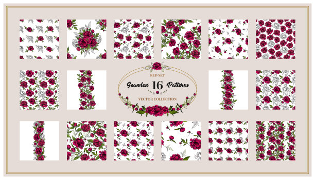 一套漂亮的大花无缝图案的红色牡丹和树叶图片下载