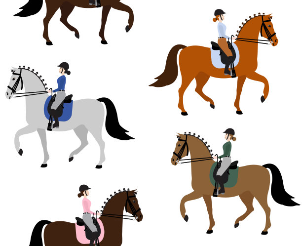 矢量无缝平面图案卡通女子少女骑盛装舞步马图片下载