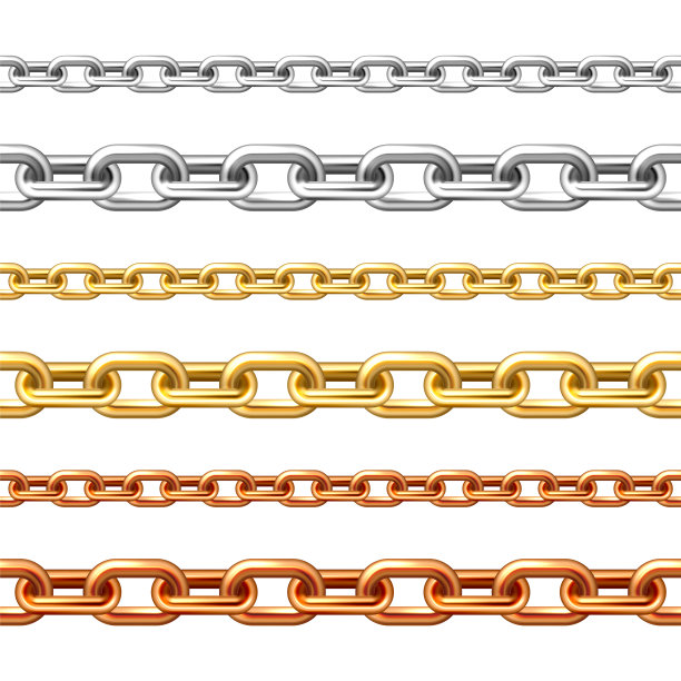 现实无缝的金色，银色和青铜链孤立在白色背景。镀金的金属链。矢量图图片下载