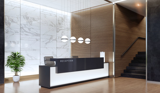 现代办公室大堂内部，配有长接待台图片下载