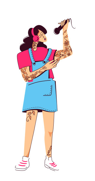 一个穿着牛仔背心裙、有纹身的女人站着，对着麦克风唱歌。女歌手，可能是个录音棚。矢量插图在卡通电源隔离在白色背景图片下载