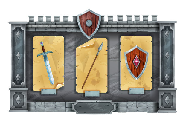 游戏界面GUI石头菜单面板，中世纪RPG背景设计，岩石框架，木制盾牌。图片下载