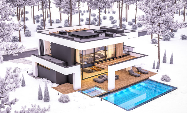 3d渲染现代住宅在冬天的晚上豪华风格图片下载