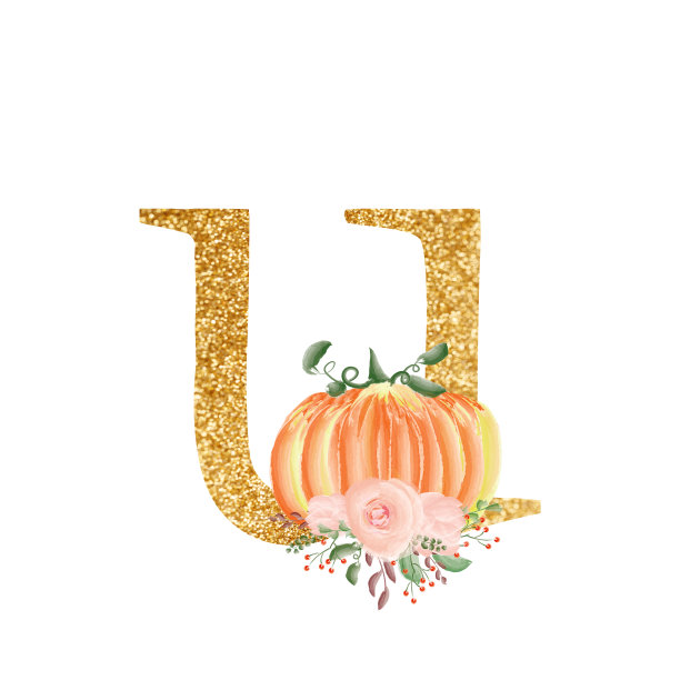 用金色字母U组成的花束和南瓜。一个为设计婚礼请柬和许多其他设计理念的集合。字母图片下载