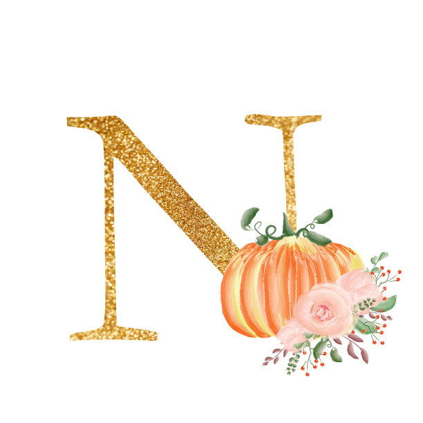 金色的字母N组成的花束和南瓜。一个为设计婚礼请柬和许多其他设计理念的集合。字母图片下载