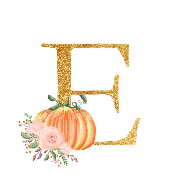 用金色字母E组成的花束和南瓜。一个为设计婚礼请柬和许多其他设计理念的集合。字母图片下载