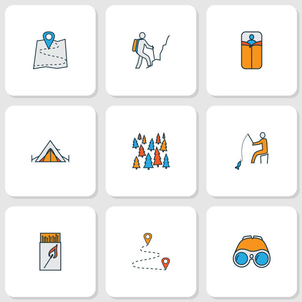 旅游图标彩色线设置与徒步男子图片下载