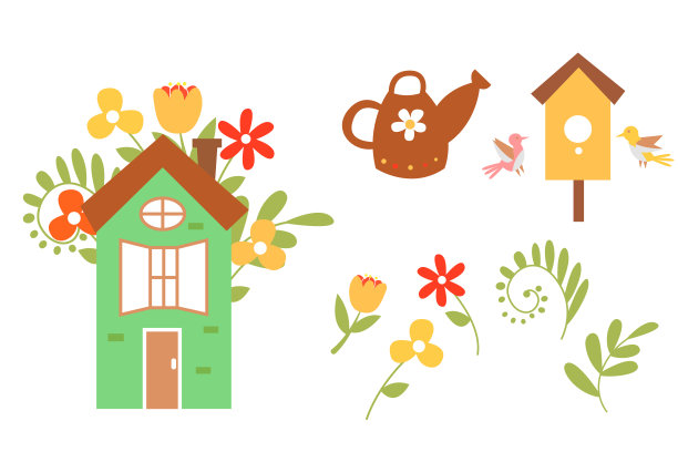 一套可爱的房子与春天的元素孤立在白色的背景。用于产品设计，节日装饰，明信片等。插图。图片下载