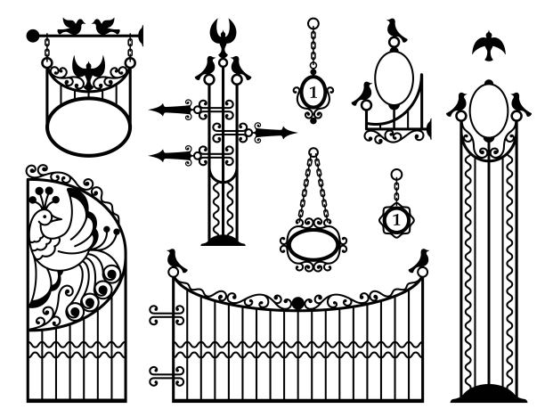 带大门、招牌、灯笼和指示的铁栅栏。黑色的轮廓。向量图片下载