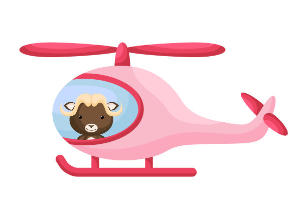可爱的麝牛小飞行员在粉红色的直升机图片下载