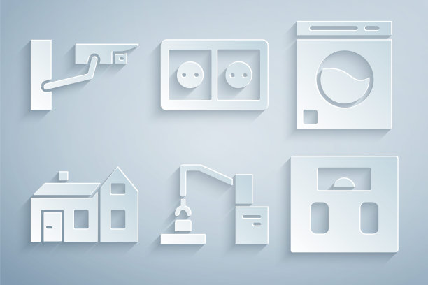 设置机器人手臂手工厂，洗衣机，房子，浴室秤，电源插座和安全摄像头图标。向量图片下载