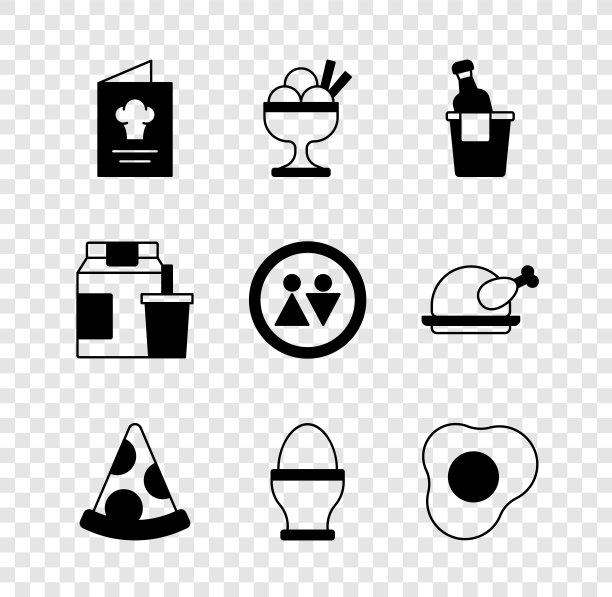 设置食谱，冰淇淋碗，香槟冰桶，披萨片，鸡蛋摊，炒鸡蛋，在线订购送货和厕所图标。向量图片下载