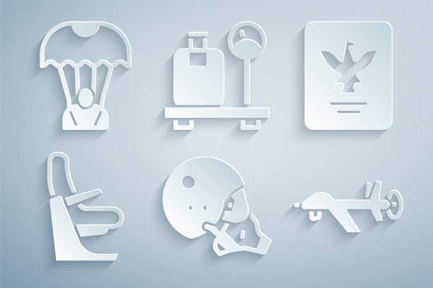 设置现代飞行员头盔，护照，飞机座位，无人机无人机，手提箱和降落伞图标秤。向量图片下载