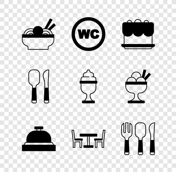设置亚洲面条在碗，厕所，蛋糕，酒店服务铃，木制桌子与椅子，叉子，勺子和刀，刀和冰淇淋图标。向量图片下载
