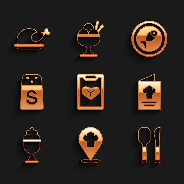 Set Restaurant cafe menu, Chef hat with location, Knife and spoon, Cookbook, Ice cream in bowl, Salt, Served fish plate and roast turkey or chicken icon. Set Restaurant cafe menu, Chef hat with location, Knife and spoon, Cookbook, Ice cream in bowl, Salt, Served fish plate and roast turkey or chicken icon。向量图片下载