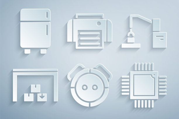 设置机器人吸尘器，机械手工厂，仓库，处理器与微电路CPU，打印机和冰箱图标。向量图片下载