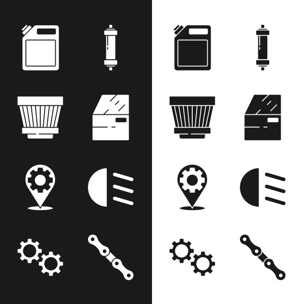 集车门、空气过滤器、汽油罐、减震器、维修、远梁、链条和齿轮图标。向量图片下载