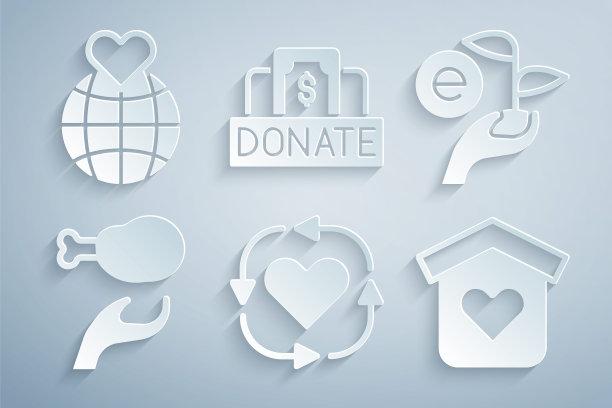 设置志愿者，手握树叶，捐赠食物，无家可归者庇护所，慈善和手握地球地球图标。向量图片下载