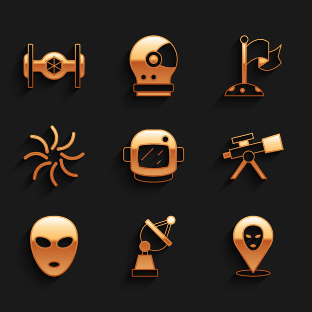 设置宇航员头盔，卫星碟，外星人，望远镜，黑洞，月球旗和宇宙飞船图标。向量图片下载