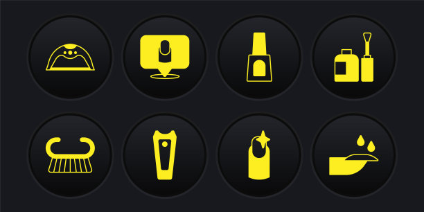 集修脚刷或刨丝器，一瓶指甲油，指甲刀，修指甲，修指甲，灯图标。向量图片下载