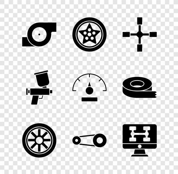设置汽车涡轮增压器，汽车车轮，车轮扳手，正时皮带套件，汽车诊断条件，喷漆枪和速度表图标。向量图片下载