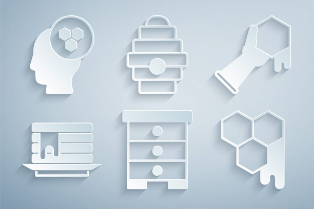 设置蜂箱为蜜蜂，蜂巢和手，煎饼堆栈，和养蜂人图标。向量图片下载