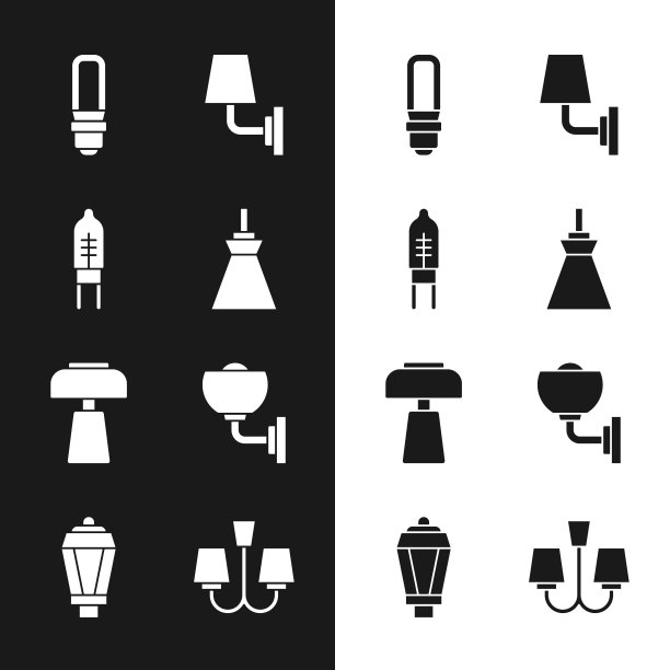 集吊灯，发光二极管，LED灯泡，壁灯或壁灯，桌子，吊灯和花园图标。向量图片下载