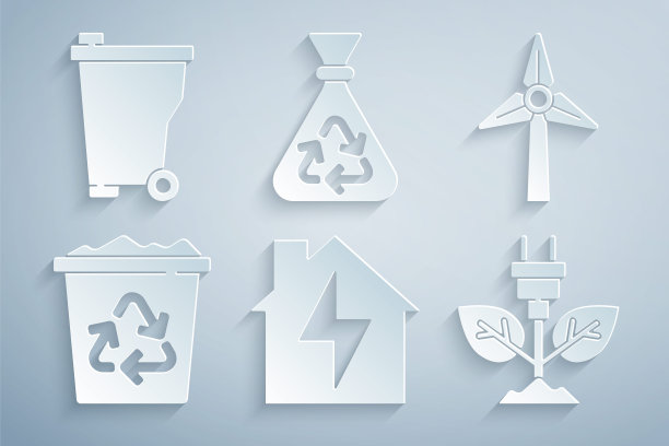集房屋和闪电，风力发电机，回收与回收，节电插头叶，垃圾袋和垃圾桶图标。向量图片下载