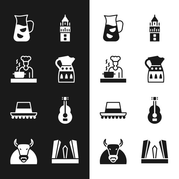 设置桑格里亚水罐，西班牙厨师，吉拉尔达，帽子，吉他，欧洲之门和公牛图标。向量图片下载