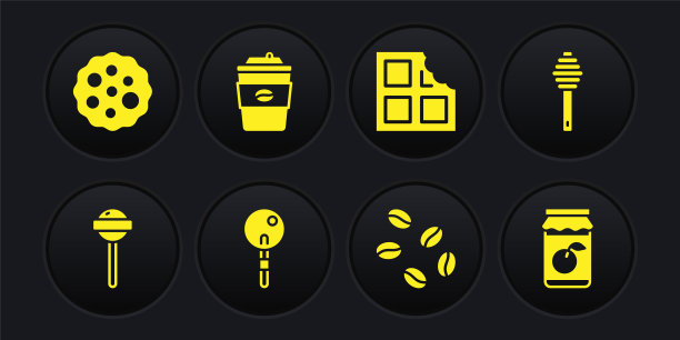 设置棒棒糖，蜂蜜长棒，咖啡豆，巧克力棒，杯子带走，果酱罐和饼干或饼干图标。向量图片下载