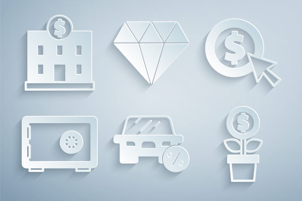 设置汽车租赁百分比，硬币钱与美元，安全，美元植物，钻石和银行建筑图标。向量图片下载