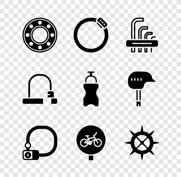 设置自行车滚珠轴承，制动盘，工具内六角键，锁，链轮曲柄，运动瓶与水图标。向量图片下载