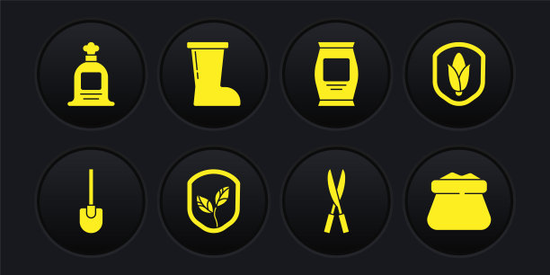 集铲，盾牌玉米，与叶片，园艺手工剪刀，肥料袋，防水橡胶靴，满袋和图标。向量图片下载