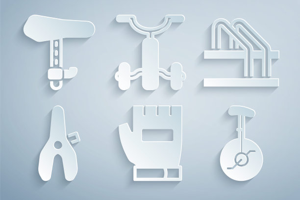 设置手套，自行车停车场，座椅，独轮车或单轮自行车，为孩子和图标。向量图片下载