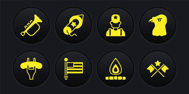 在叉子上放置香肠，鹰头，美国国旗，篝火，治安官牛仔，烟花，和喇叭图标。向量图片下载