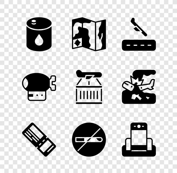 设置桶油，世界旅行地图，飞机着陆，机票，禁止吸烟，金属探测器机场，飞艇和图标。向量图片下载