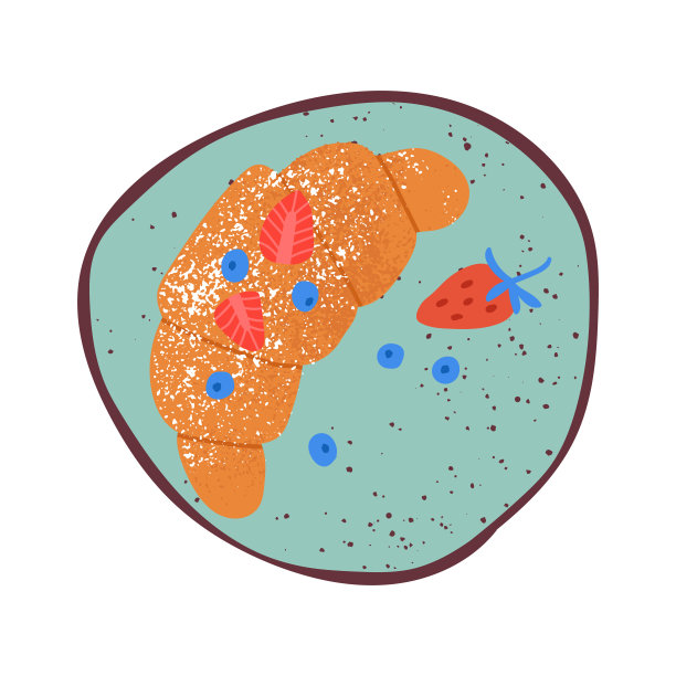 牛角面包放在盘子里。法式糕点，糖粉点缀草莓和蓝莓。图片下载