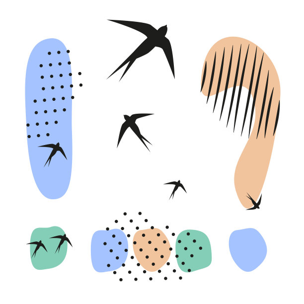 一组标点符号，感叹号，问号。符号是手绘的，点，点，线，自然风格。一群燕子在飞翔。矢量插图。图片下载