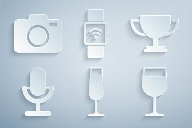 设置杯子的香槟，奖杯杯，麦克风，酒杯，智能手表与无线和照片相机图标。向量图片下载