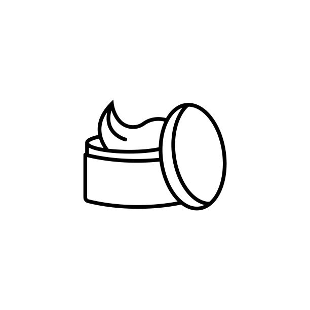 药品，化妆品瓶与霜和打开盖子图标。药房或药物抽象设计。平面孤立的符号:插图，轮廓，标志，手机，应用程序，徽章，web，开发，ui, ux。向量EPS 10图片下载