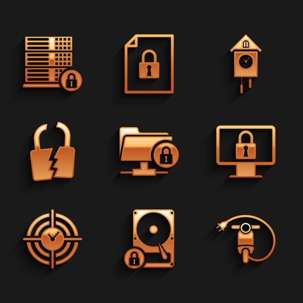 设置FTP文件夹和锁定，硬盘驱动器，电动滑板车，锁定显示器，时间管理和破碎图标。向量图片下载