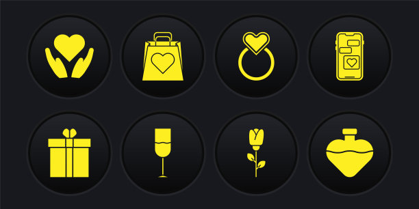 套装礼盒和心，移动与，酒杯，花玫瑰，结婚戒指，购物袋，瓶子爱药水和心手图标。向量图片下载