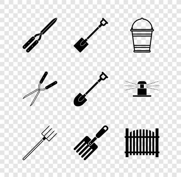 设置园艺手工剪刀，铲子，桶，干草叉，栅栏，和图标。向量图片下载