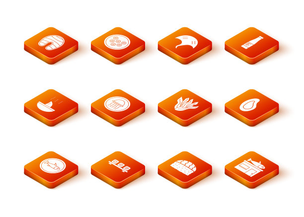 盘上的鱼，寿司切板，鱼翅汤，水母，海带，海鲜商店和贻贝图标。向量图片下载