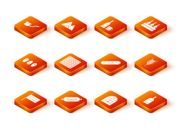 设置德国国旗，腊肠，开心果，方格餐巾，农场，法国长棍面包，啤酒瓶和小麦图标。向量图片下载