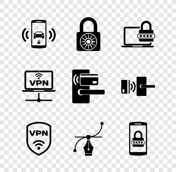 设置智能汽车报警系统，安全组合锁车轮，笔记本电脑与密码，盾VPN无线，贝塞尔曲线和移动和图标。向量图片下载